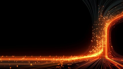 Orange Light Trails and Glowing Data Particles Moving in Curved Lines with Energy Flow and Digital Network Streams Showing Fast Transmission and Futuristic Motion in Abstract Space