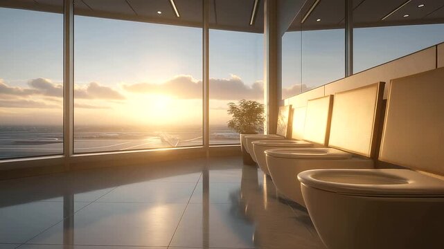 Rows of toilets built into international airport service hubs symbolize global infrastructure, large-scale hygiene solutions, high-volume efficiency, and the critical systems supporting worldwide
