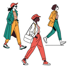 Vector art of stylish women walking in fashionable outfits, showcasing diverse styles and trends, a trendy illustration
