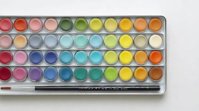 A metal watercolor paint set with numerous round color pans arranged in rows and a brush.
