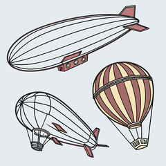Vector art of vintage airship illustration featuring a collection of zeppelins and hot air balloons in a retro style, a nostalgic aviation scene © Stock