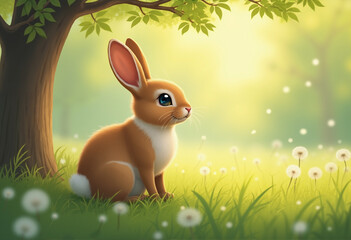 cute rabbit in the forest glade sits on the grass under tree branch and looks with raised ears