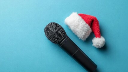 A microphone with a small Santa hat beside it on a blue background. - Powered by Adobe