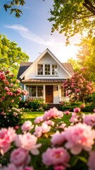 Idyllic Home Surrounded by Blooming Pink Flowers