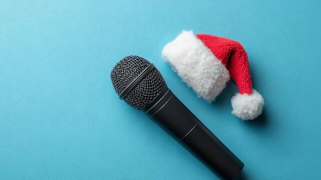 A microphone with a small Santa hat beside it on a blue background.