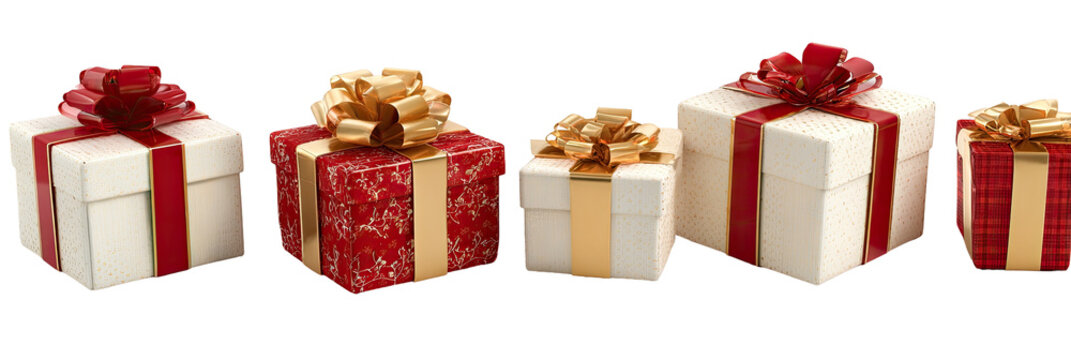 Four gift boxes, white with red and gold ribbon - Powered by Adobe