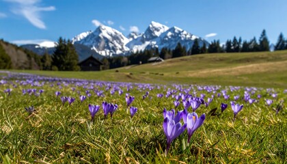 Obraz premium Spring meadow with crocus flowers and mountains