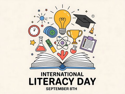 Celebrate International Literacy Day with vibrant educational icons, fostering a love for learning and empowering minds through knowledge on September 8th