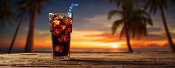 The Glass of Iced Cola on Sunset Beach Deck with Palm Trees