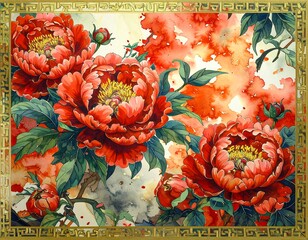 Ornate gold frame with vibrant red peony blossoms