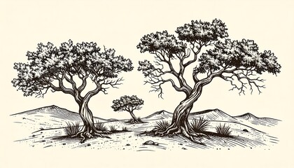Hand-drawn illustration of trees in a desert landscape in the vintage style