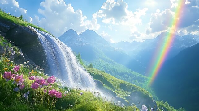 A vibrant waterfall cascading down a lush mountainside with a rainbow, creating a breathtaking and enchanting natural spectacle in daylight