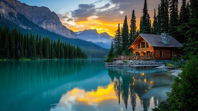 A serene log cabin nestled by a tranquil lake with mountain views at sunset, creating a peaceful and picturesque scene in natures embrace