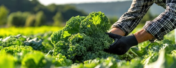 The Kale Harvest in Sunlit Field by Careful Hands Plucking Fresh Leaves