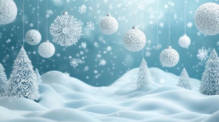 Layered paper-cut effect snowdrifts in icy tones, shimmering falling flakes and spherical snow ornaments hovering above, central area reserved for festive message