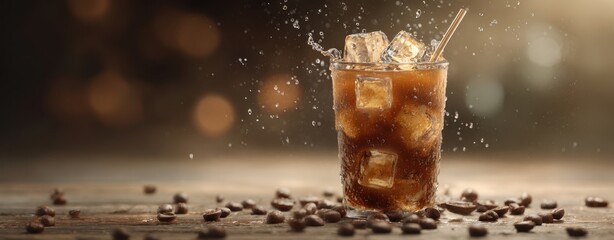 The iced coffee glass with ice cubes on a rustic wooden surface