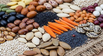 Naklejka premium Nutrient-Rich Seeds and Beans Harvested, A Colorful Medley of Healthy Foods Ready for Cooking and Baking, Perfect for a Vegan or Vegetarian Diet