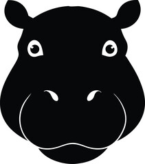 Hippopotamus Head Silhouette on White Background. Strong Hippo Head Silhouette, Front View