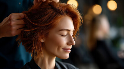 Fototapeta premium Female hairdresser cutting young woman's hair in beauty salon, under soft salon light, highlighting skilled hands and vibrant setting, serene beauty scene, calm cutting lighting, w