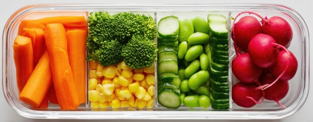 The Segmented Vegetable Tray Showcasing Fresh Carrot Sticks, Broccoli, Corn, Cucumbers, and Radishes