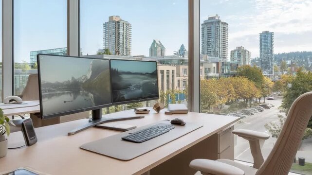 A bright modern home office with a dual-monitor desk set up by a large window, overlooking a city skyline and trees.