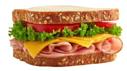 Close-up of two sandwiches with bacon, salami, prosciutto and fresh vegetables on rustic wooden cutting board. Club sandwich concept.