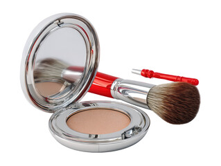 Open compact powder case with brushes.  Reflective mirror.  Beige powder, red handles