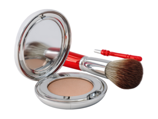 Open compact powder case with brushes.  Reflective mirror.  Beige powder, red handles