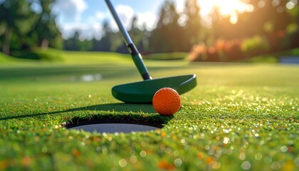 Golf ball near the hole on a sunny golf course, ready to be putted