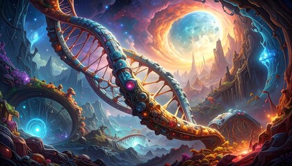 Fantastic depiction of a DNA strand in a vibrant, surreal, and imaginative landscape