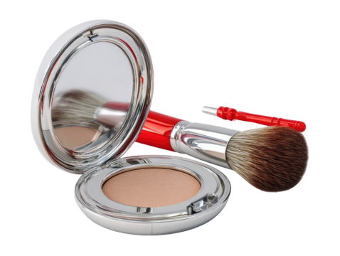 Open compact powder case with brushes.  Reflective mirror.  Beige powder, red handles