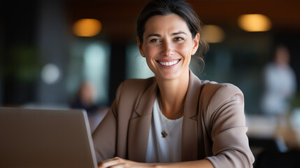 Self assured confident businesswoman smiling genuinely and analyzing detailed financial report on laptop while working productively at conference table financial analysis work