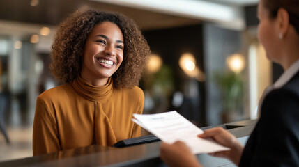 Side view of cheerful businesswoman presenting passport and travel documents to professional receptionist at contemporary reception desk in modern office lobby business travel