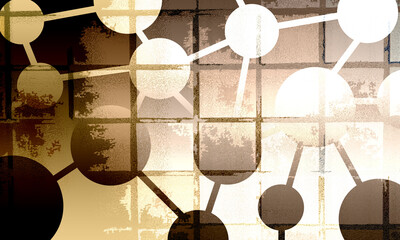 セピアの色がベースでノスタルジックでざらざらとした質感、グラデーション効果もあり円と細い長方形が結合した科学的、幾何学的で抽象的なイラストでデザインした背景、壁紙