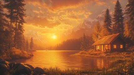A picturesque wooden cabin sits on the edge of a calm lake, mirroring the vibrant sunset and surrounding mountains, creating a warm and inviting scene