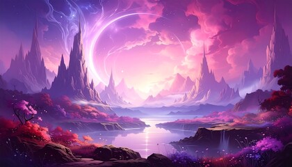 Fantasy landscape with surreal mountains, water, and vibrant pink and purple colors