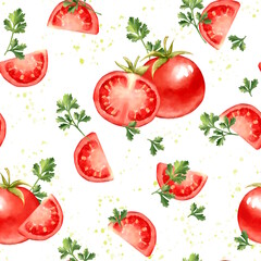 Seamless Tomato and Parsley Cilantro Pattern on white background with watercolor splatter