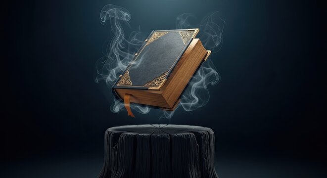 Ancient mystical book levitating over a wooden stump with magical smoke - Powered by Adobe
