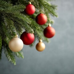 Fototapeta premium On a dark brown background, a green fir branch is decorated with a golden ornament and accompanied by red and gold baubles