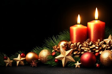 An ornament that is red and gold and has a swirling pattern is on a snowy surface, tied with a red ribbon, and is surrounded by lit candles, pine, and a red bauble, with all of this set against a