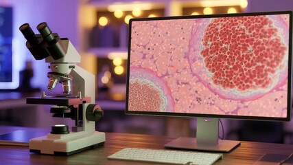 Modern laboratory desk with a microscope and computer displaying a magnified view of cellular structures and tissue samples with soft ambient lighting - Powered by Adobe