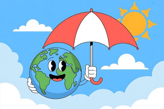 Cartoon Earth smiles under umbrella in sunny sky, a fun illustration promoting environmental protection and awareness with a playful, vintage style