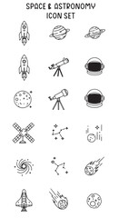 Collection of Hand-Drawn Space and Astronomy Icons with Detailed Outlines.