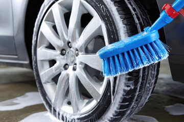 Car tire cleaning with brush and water during daytime routine Generative AI