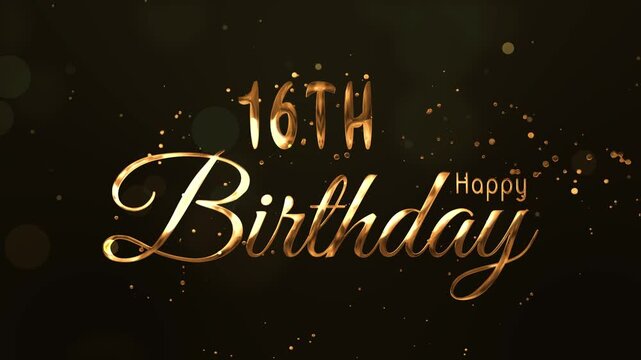 16th happy birthday golden words shine brilliantly on a black background, perfect for invitations, banners, cards or social media posts.