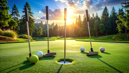 Golfing on a Green Course with Golf Balls and Golf Clubs under the Sunlight