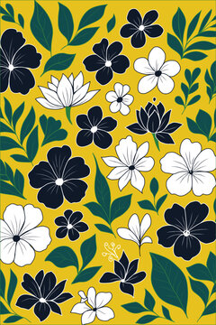 Elegant floral pattern with white and dark blue flowers, green leaves on yellow background. Modern seamless design for fabric, wallpaper, and home decor.