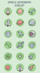 Colorful Illustrated Space and Astronomy Icon Set with Various Celestial Objects