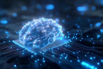 Glowing digital brain on futuristic circuit board