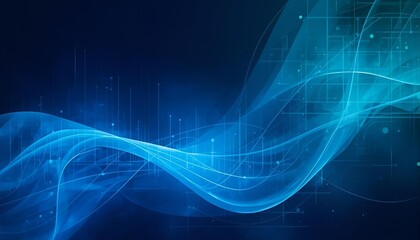  곡선 형태의 파란색 물결과 빛의 선이 얽힌 역동적인 디지털 기술 배경